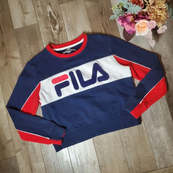 FILA Navy Blue Red and White Cropped Sweatshirt Women's Size Medium EUC - Picture 1 of 16